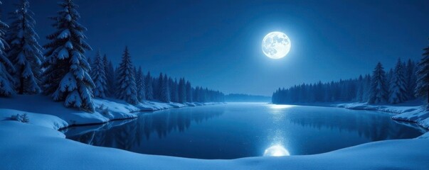 A frozen lake shimmers under the light of a full moon casting a silver glow over the surrounding snow-covered trees, full moon, night sky