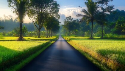 Obraz premium Asphalt road surrounded by lush rice fields and tall trees representing serene rural landscape and natural beauty ,
