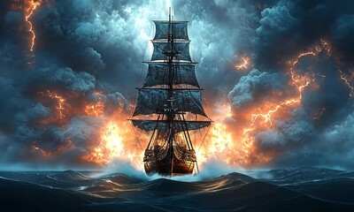 A three-masted sailing ship navigates a tumultuous storm with fiery lightning. - Powered by Adobe