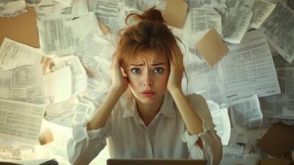 A woman is sitting in a messy room with papers all around her