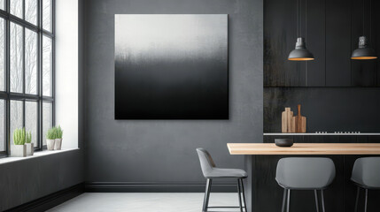 Monochromatic Mood: Abstract grayscale artwork hangs in a stylish, modern kitchen, creating a serene and sophisticated atmosphere.