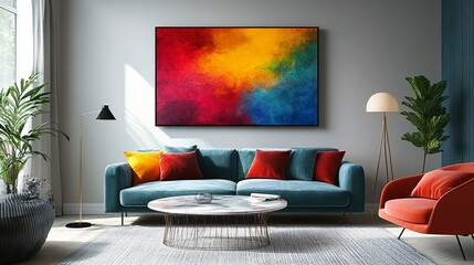 Cozy and Inviting Living Room Featuring a Comfortable Couch Complemented by an Artistic Painting on the Wall Creating a Warm Atmosphere Ideal for Relaxation and Social Gatherings