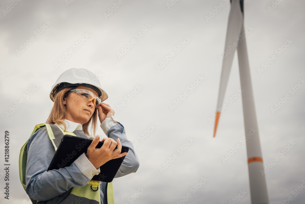 Poster a dedicated and skilled professional woman engineer is currently at the wind turbine project site, a