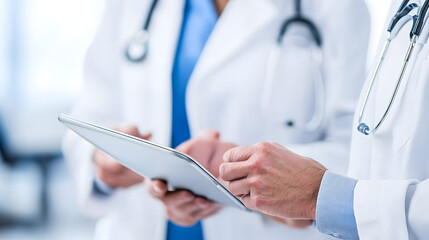 A doctor and nurse collaborate while using a digital tablet in a clinical environment, symbolizing modern healthcare technology, teamwork, efficient patient data management in a professional setting