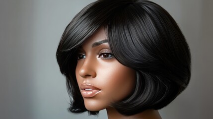 A bob haircut wig on a minimalist mannequin head, styled with precise layers.