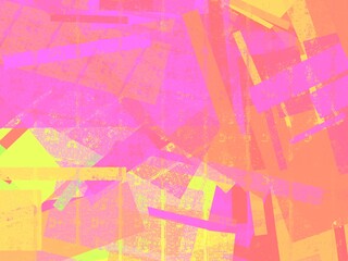 abstract, vibrant combination of warm colors like pink, orange, and yellow with irregular geometric shapes layered over each other, giving it a textured and energetic feel.