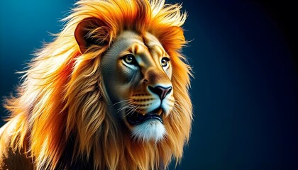 A powerful close up of a male lion with a glowing fiery mane against a shadowy background