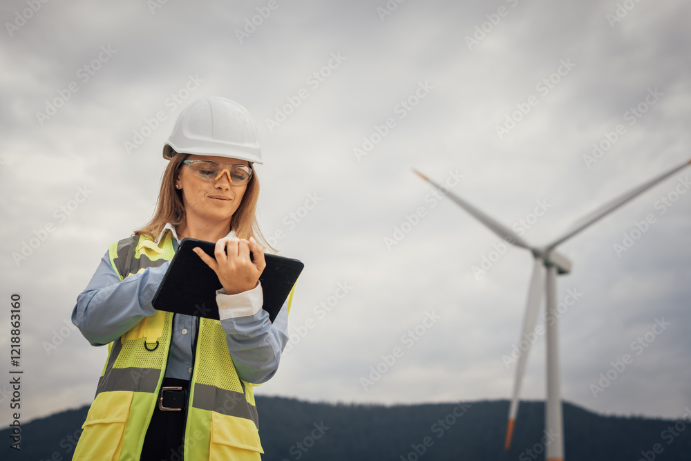 Poster A skilled female engineer is actively working at a wind farm, utilizing her tablet to effectively manage various aspects of the project, ensuring smooth operations and progress tracking