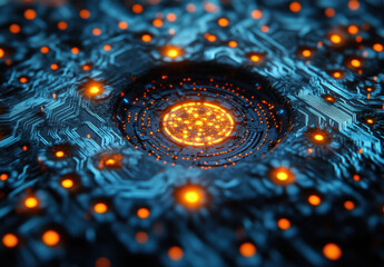 A close-up view of a complex circuit board features a central glowing orange circle surrounded by a web of intricate pathways and lights. The dark background highlights the vibrant details.