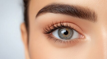 Naklejka premium Close-up of a Woman's Stunning Gray Eye with Perfectly Shaped Eyebrows and Long Lashes