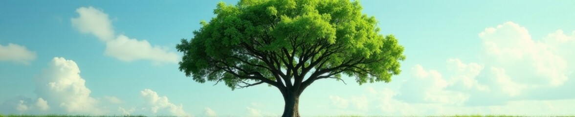 Green canopy above a single rubber tree with slender stem, tree tops, natural