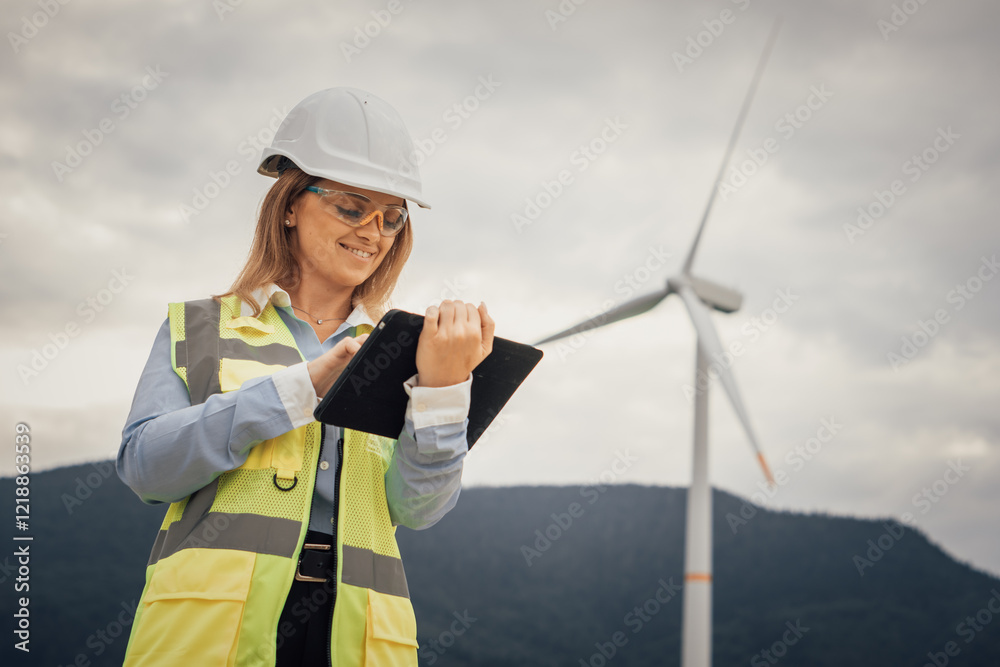 Aufkleber A skilled female engineer is meticulously inspecting the efficiency of a wind turbine while utilizing a digital tablet in the diverse and rapidly advancing field of renewable energy solutions