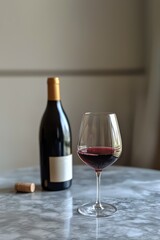 Red wine placed elegantly on a marble table beside a corked bottle during a calm afternoon setting in an indoor space. Generative AI