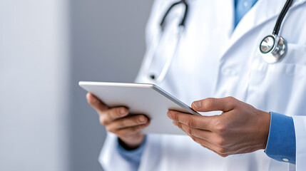 A doctor and nurse collaborate while using a digital tablet in a clinical environment, symbolizing modern healthcare technology, teamwork, efficient patient data management in a professional setting