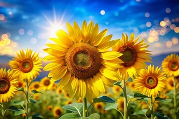 Obraz premium Bright Yellow Sunflowers, Deep Field, Happy Summer
