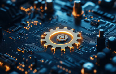 A close-up view of a circuit board features a glowing gear symbol at its center, representing advanced technology and engineering. The intricate details highlight modern electronic components.