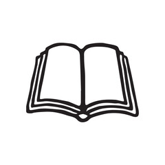 Doodle open book icon hand drawn with black line in freehand style. Vector illustration isolated on white background