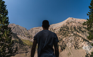 Hombre de espaldas mirando las montañas en el bosque