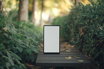 A tablet with a blank screen placed on a wooden bench surrounded by lush greenery, creating a natural and serene outdoor setting.