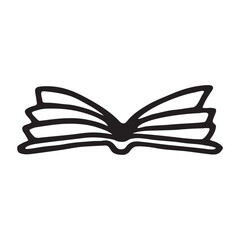 Doodle open book icon hand drawn with black line in freehand style. Vector illustration isolated on white background