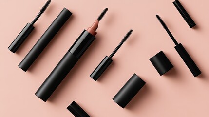Obraz premium A set of liquid eyeliner tubes in black and brown arranged in a geometric pattern.