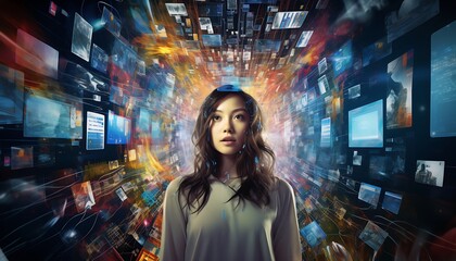 A young woman surrounded by a vibrant digital matrix of images and screens, representing technology, innovation, and limitless information flow.