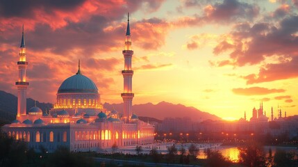 Naklejka premium Sunset Mosque Cityscape Dramatic Prayer