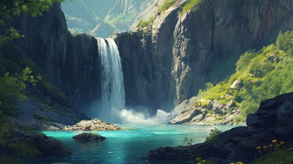 Majestic Waterfall Cascading into Serene Turquoise Lake, Nestled Amidst Towering Cliffs and Lush Greenery
