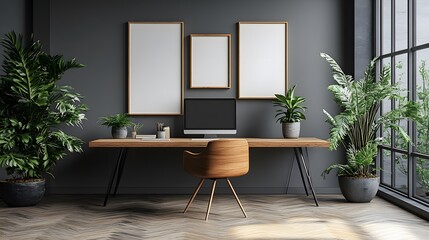Desk mockup with blank frames, green potted plant, spacious background for creative design, modern minimalist interior, 3d art