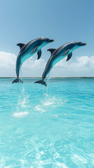 A dynamic and realistic image of a pod of dolphins leaping gracefully out of the crystal-clear ocean. The sunlight highlights the water's surface, creating sparkling reflections