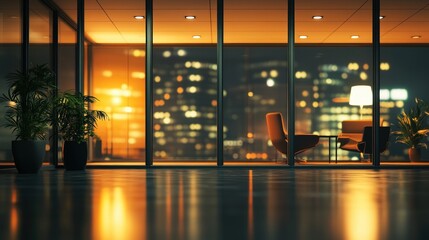 Fototapeta premium Large office interior at night with blurred city lights in the background, showcasing a modern and tranquil workspace atmosphere