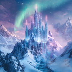 Enchanted Ice Castle: A majestic ice castle, shimmering with ethereal light, sits atop a snow-capped mountain, under an aurora borealis.  A waterfall cascades down the mountainside.