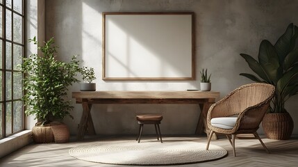 Desk with blank frames, minimalist plant decor, seamless neutral background, open design layout, 3d illustration