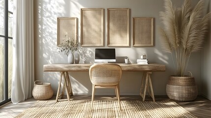 Blank frames on desk, home office style, green plant decor, seamless neutral tones, clean minimalist design, 3d illustration