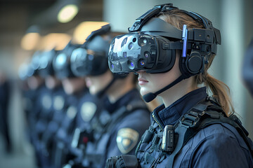 Row of police officers using advanced VR headsets for immersive tactical training, showcasing cutting-edge technology in law enforcement.