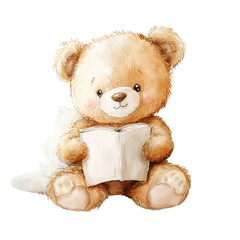 Obraz premium Adorable teddy bear reading a book, perfect for children's themes and cozy moments., isolated on a transparent background.