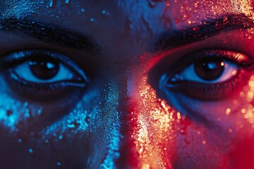 Naklejka premium Close up of an athlete s face with sweat and determined expression against a blurred background