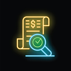 Neon icon representing the concept of financial audit with a magnifying glass over a document