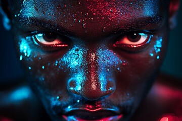 Close up of an athlete s determined expression with glistening sweat and colorful hues