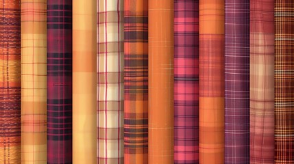 A collection of plaid fabrics in shades of red, orange, and brown.