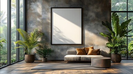 Stylish dining room, blank poster frame, clean decor with green plant, neutral tones, concrete wall texture, 3d rendering