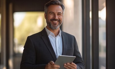 Smiling male warehouse manager using a digital tablet for inventory management in a modern storage facility, exemplifying efficient logistics and organization, Generative AI