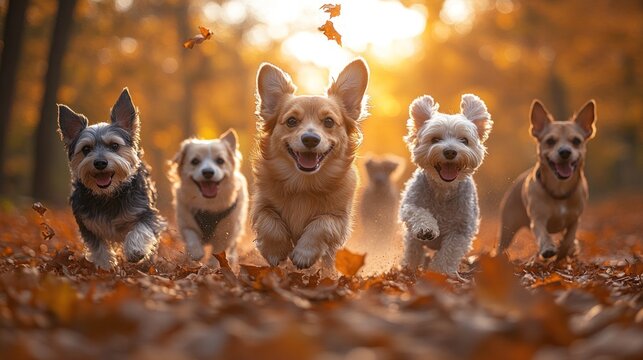 Happy dogs running autumn forest leaves sunset