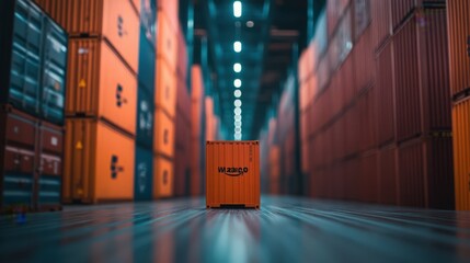 Fototapeta premium Shipping Container Warehouse Full Of Orange And Blue Containers Ready For Transport