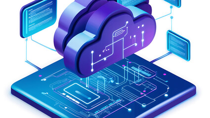 Cloud computing and online storage technology concept. A network of business computers connected to internet server services for cloud transfer, backup, and secure access to data. 