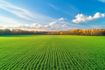 Fototapeta premium Stunning autumn landscape featuring golden trees and fields under a blue sky with clouds