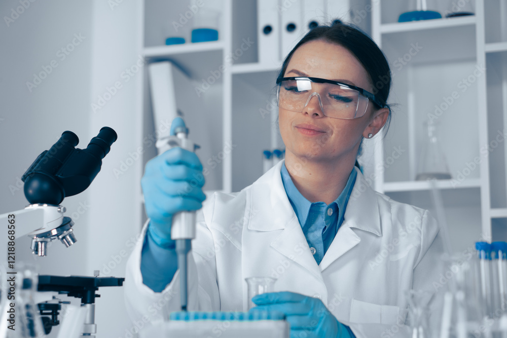 Poster a dedicated scientist is conducting groundbreaking research in a stateoftheart lab, focusing on biot