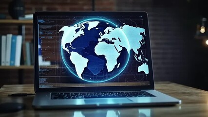 Modern laptop displaying a glowing globe with digital data overlay in a stylish workspace setting - Powered by Adobe