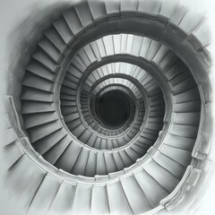 Obraz premium The image is a black and white photograph showcasing a spiral staircase with a central dark area surrounded by a series of lighter steps that recede into infinity.