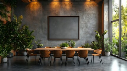 Clean dining space, blank mockup frame, chairs with green plant decor, minimalist concrete wall, open layout, 3d rendering